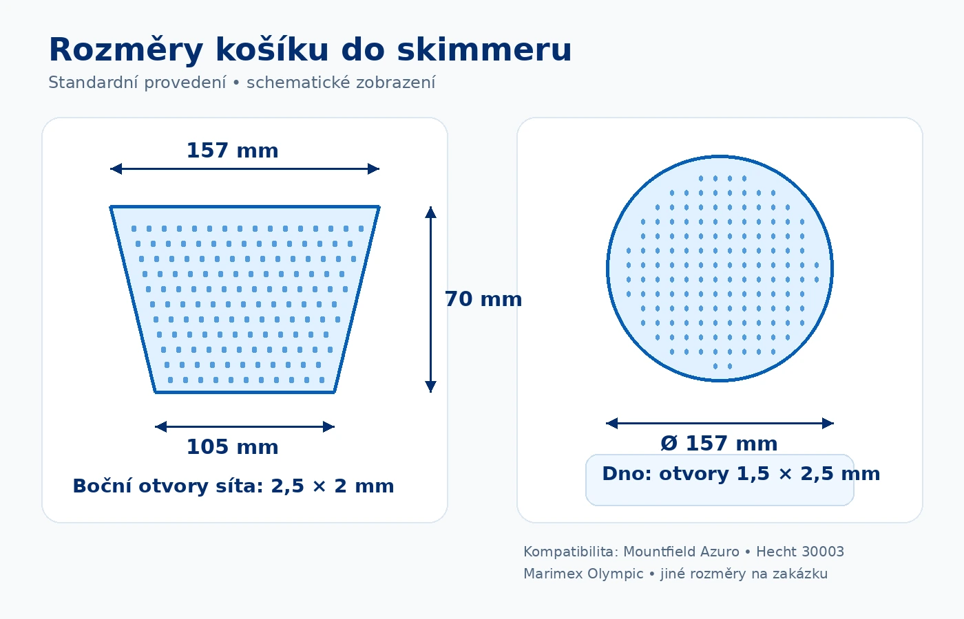 Rozměry košíku do skimmeru 157 mm horní průměr, 105 mm průměr dna a výška 70 mm